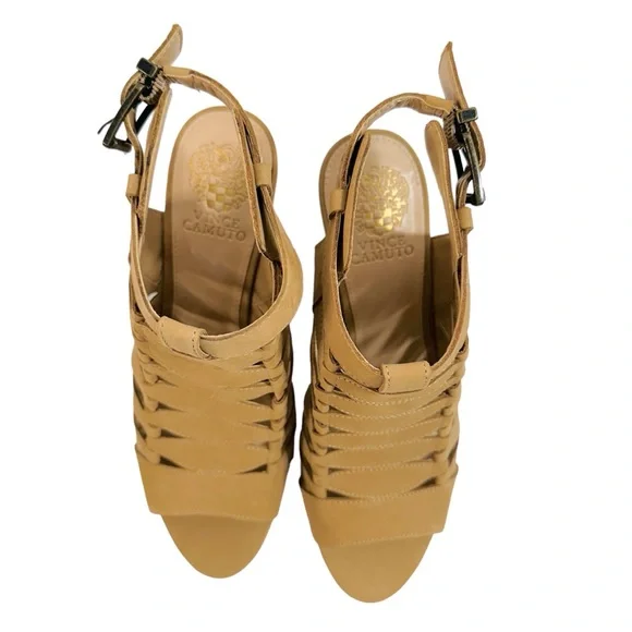NWOT Vince Camuto ELIKA Leather Caged Tan 3" Heel Sandals. - Picture 7 of 8